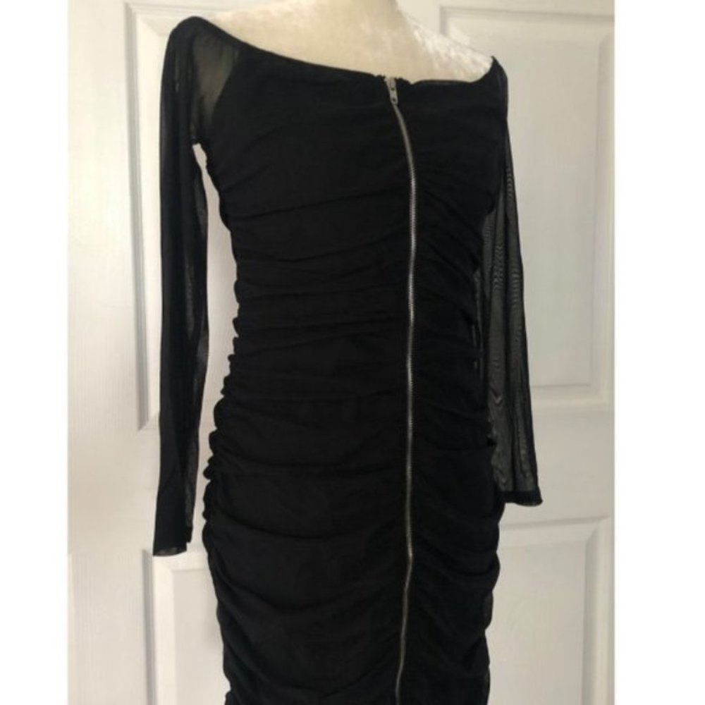 Black Mesh Ruched Off the Shoulder Mini Dress